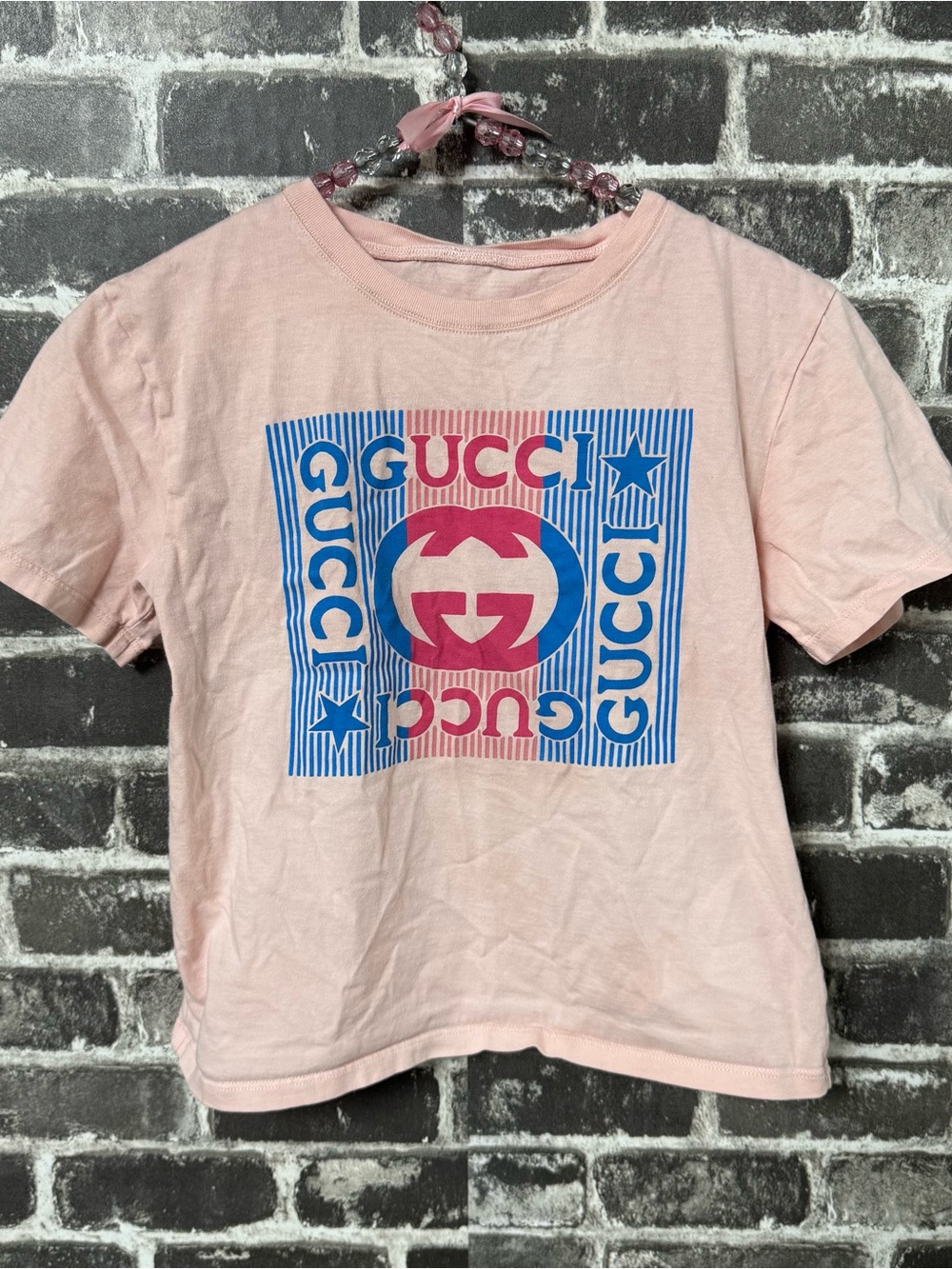 Gucci graphic tee shirt pink blue logo short sleeve top